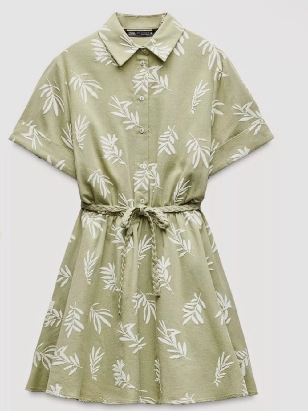 Zara Olive Green Short Sleeve Floral Tie-Waist Mini Dress